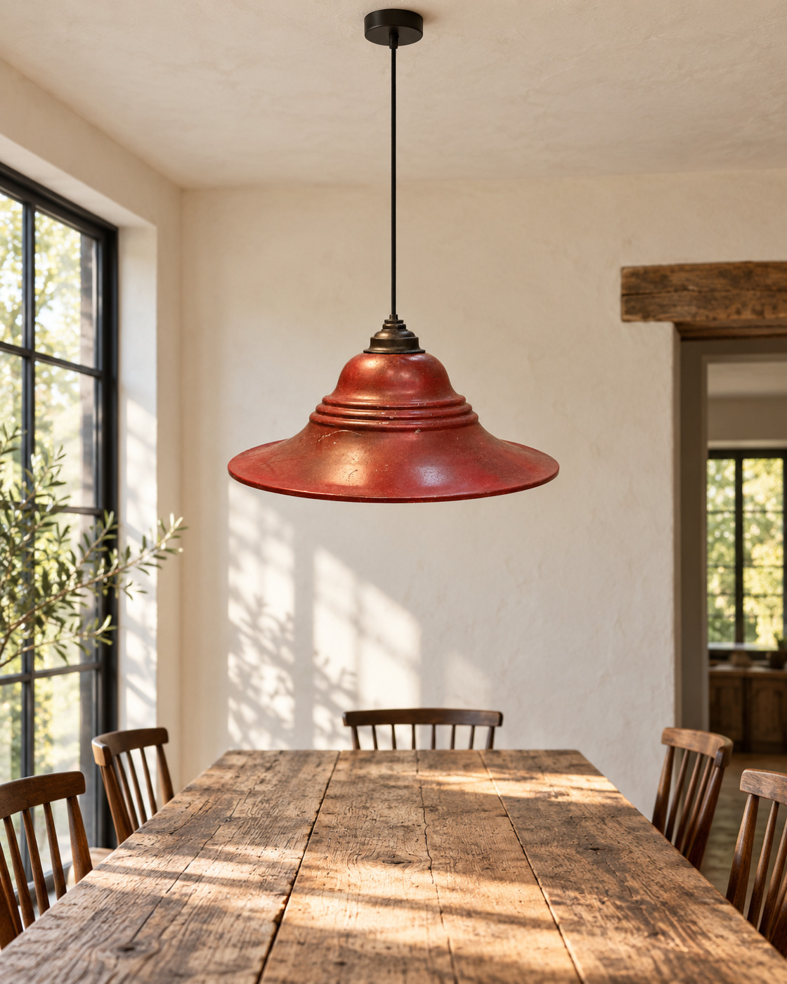 Wide Red-Painted Metal Hat-Shaped Shade with Stepped Rings — A27 — Angle 2