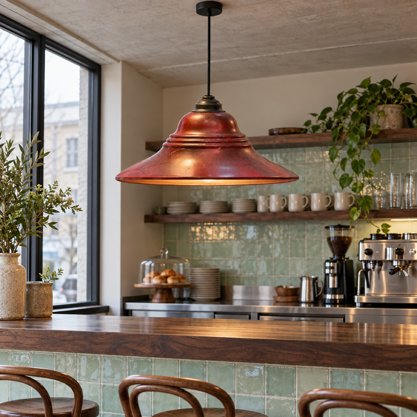 Wide Red-Painted Metal Hat-Shaped Shade with Stepped Rings — A27 — Angle 3