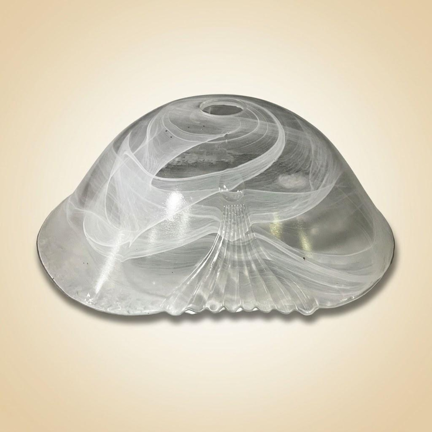 Art Deco Oval Glass Shade with White-and-Clear Marbled Swirl and Ribbed Rim — A30 — Angle 1