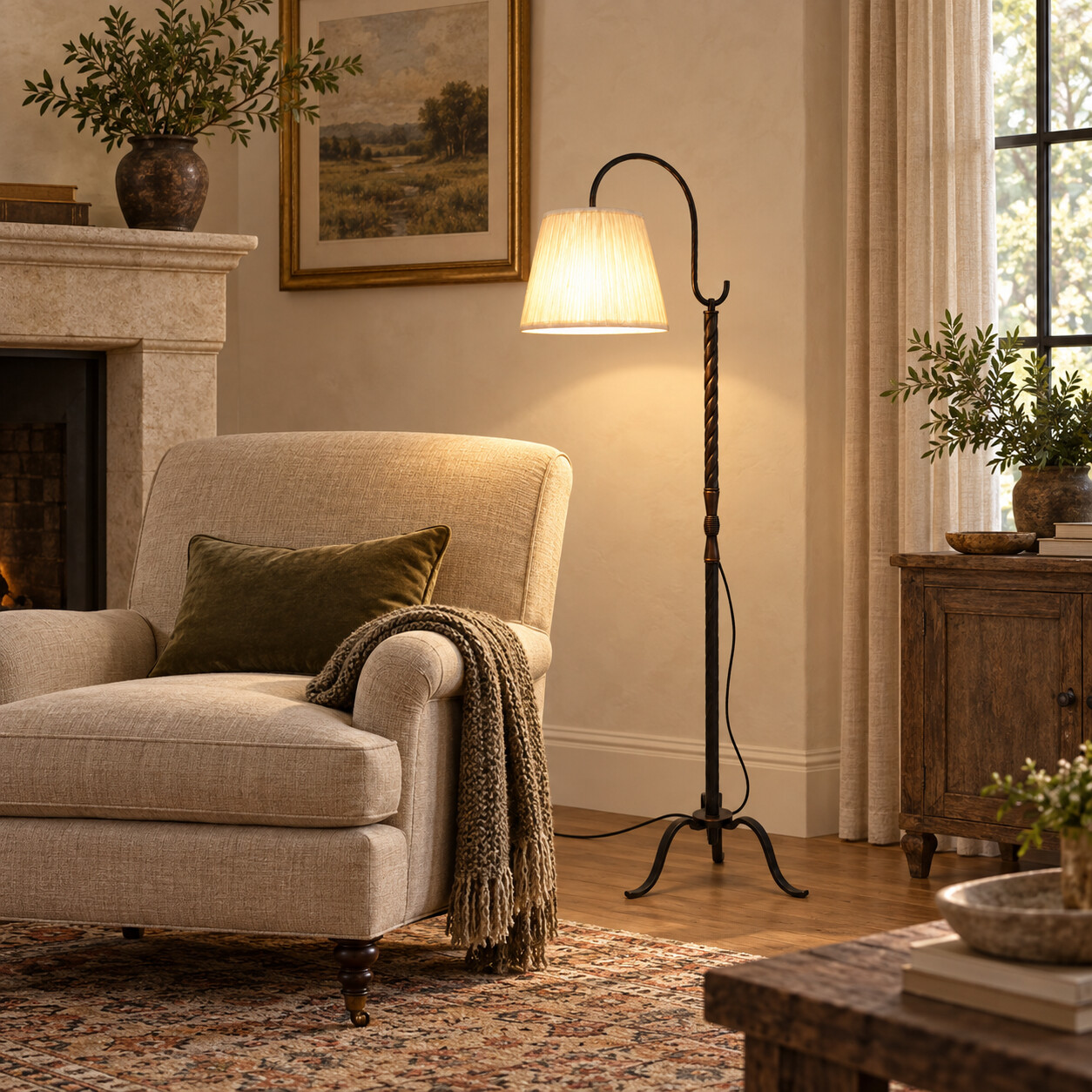 Floor Lamp with Curved Wood-and-Brass Arm, Twisted Column and Cream Pleated Shade — F01