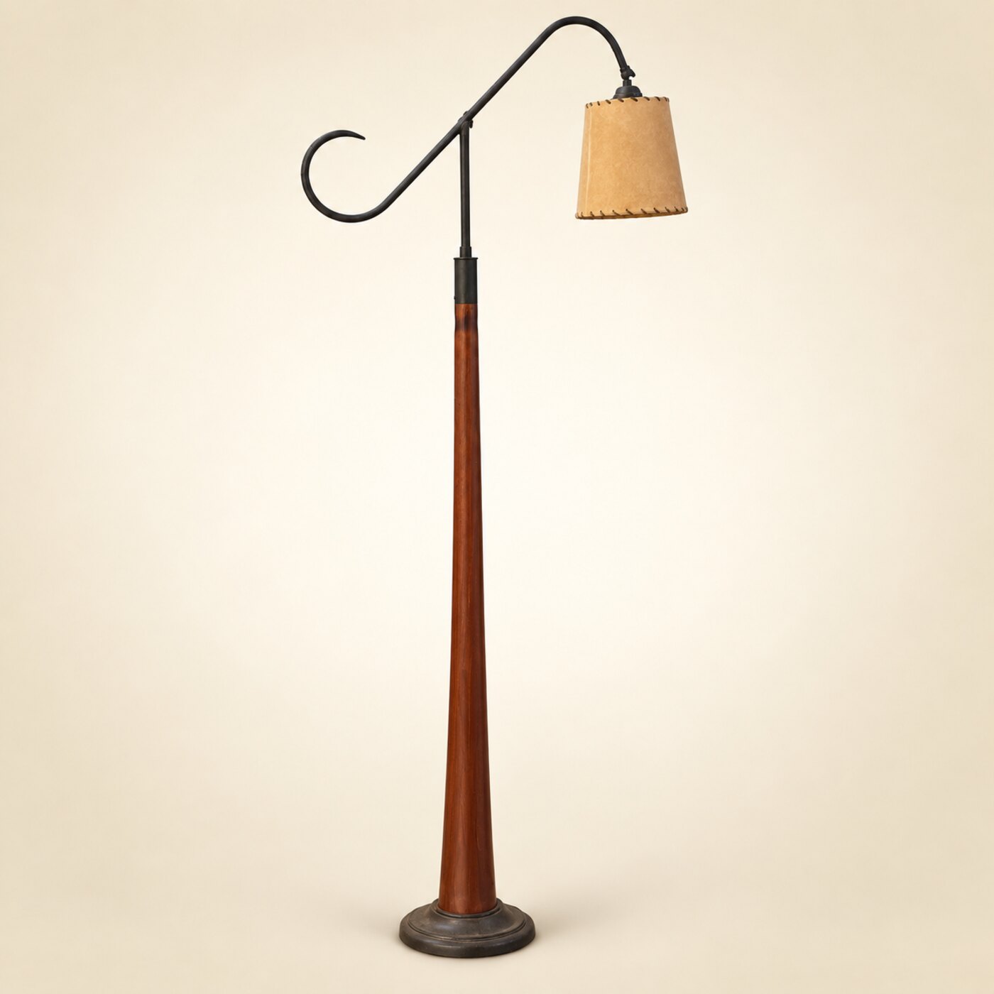 Floor Lamp with Tapered Wooden Pole, Black Iron Shepherd's-Hook Arm and Stitched Parchment Cone Shade — F13 — Angle 1