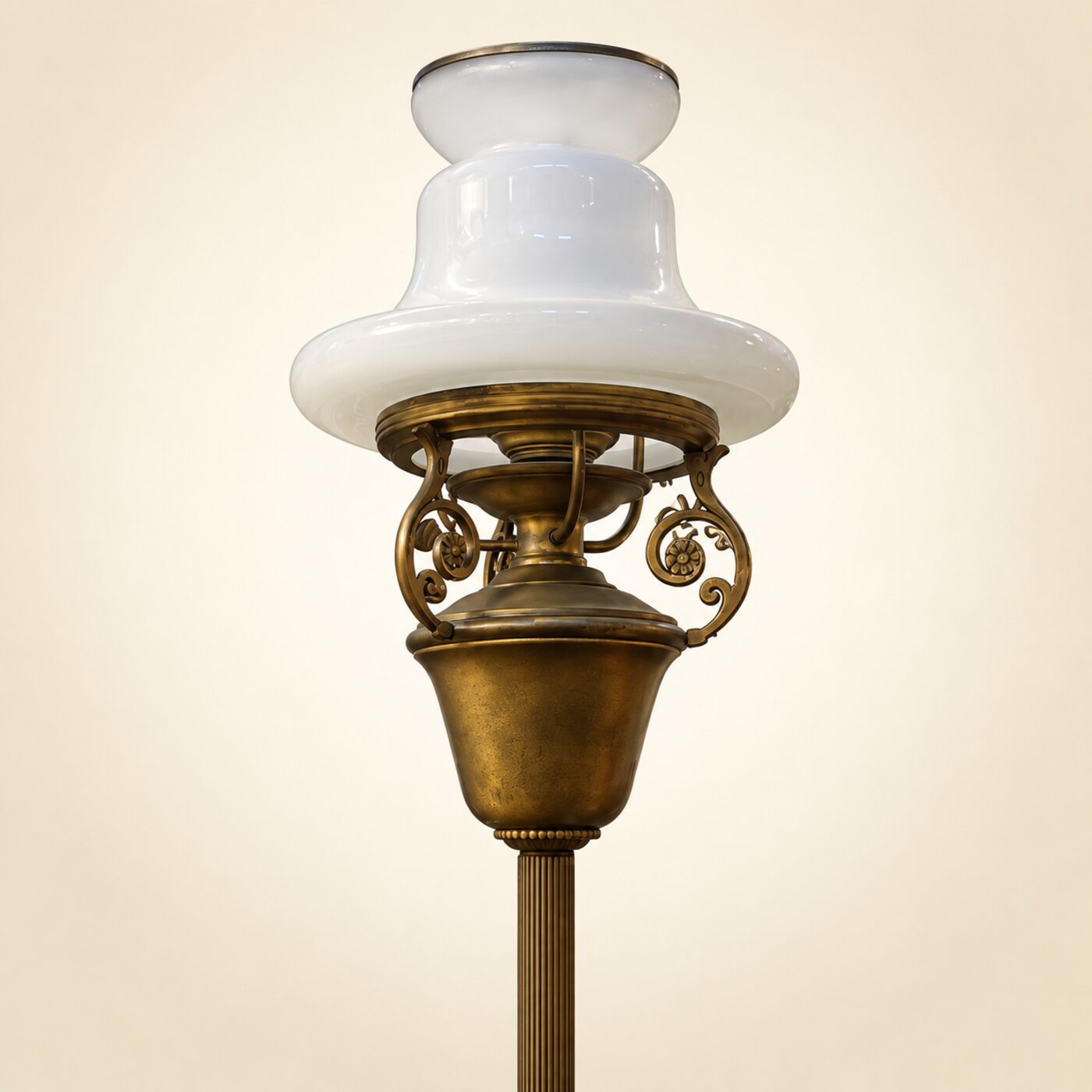 Brass Oil-Lamp-Style Floor Lamp with White Opaline Glass Shade, Scrolled Arms and Brass Font on a Fluted Pole — F14 — Angle 1