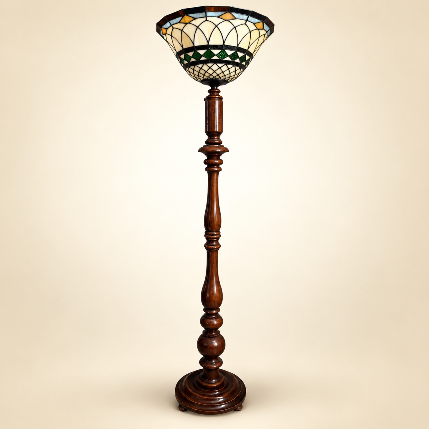 Floor Lamp with Dark Turned-Wood Column, Round Base and Tiffany-Style Stained-Glass Bowl Shade in Cream, Green and Blue — F17 — Angle 1