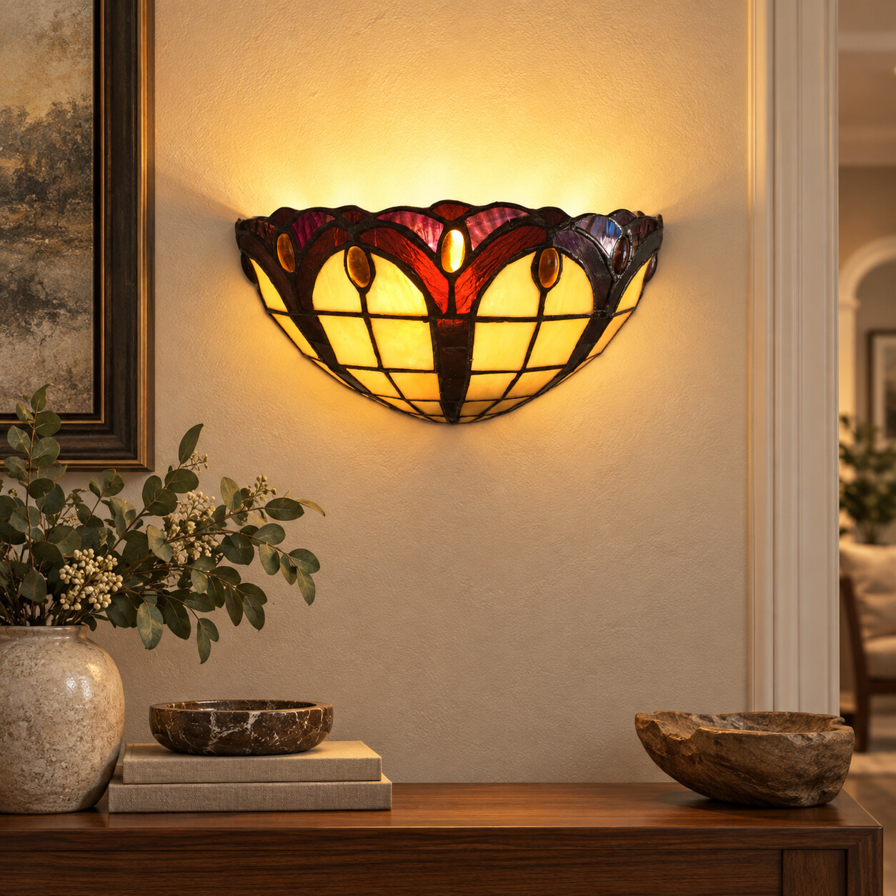 Tiffany-Style Stained Glass Wall Sconce with Jeweled Cabochons — K15