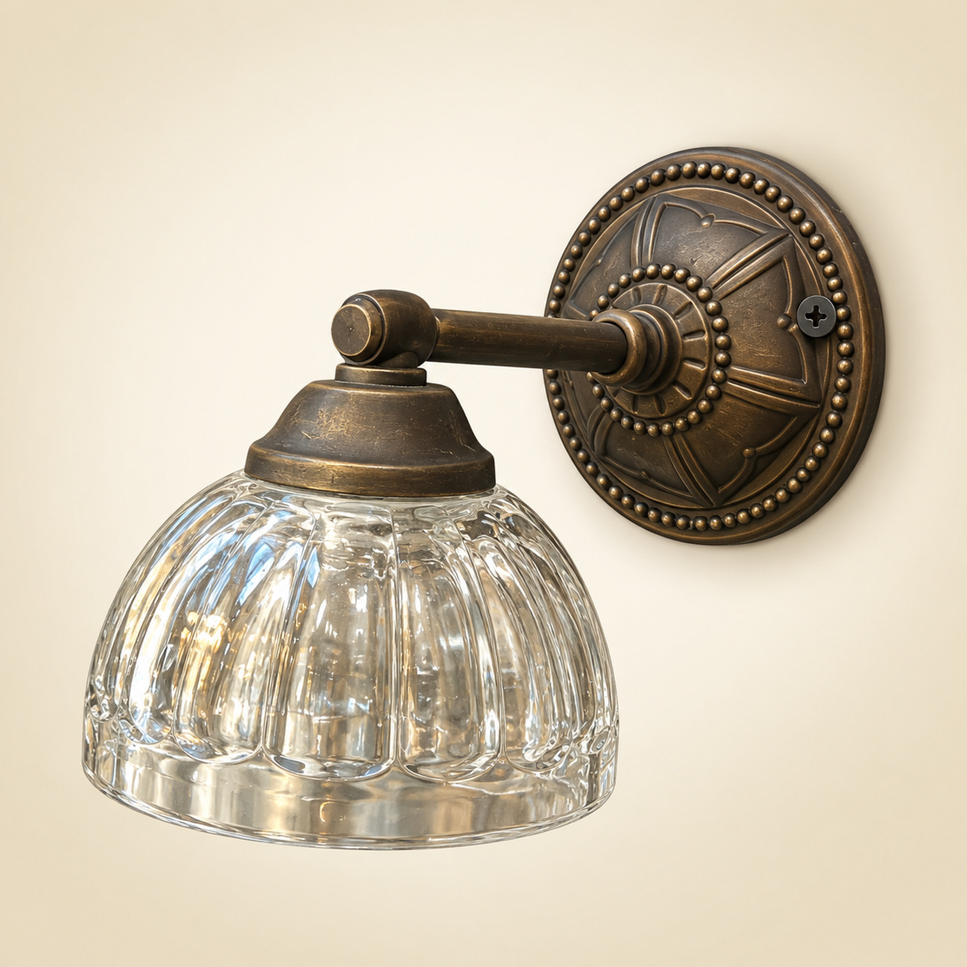 Brass Wall Sconce with Clear Fluted Dome-Shaped Glass Shade — K26 — Angle 1