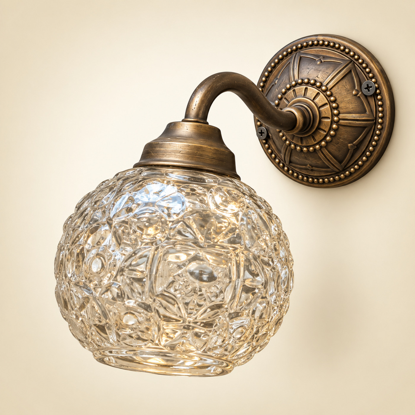 Brass Wall Sconce with Dimpled Circle-Pattern Glass Ball Shade — K31 — Angle 1