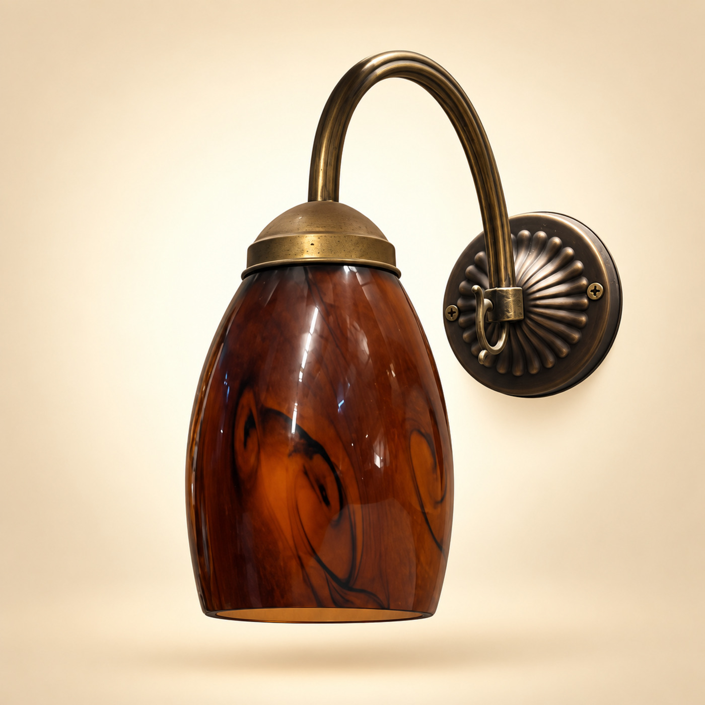 Brass Wall Sconce with Amber-Brown Swirled Marbled Glass Shade — K38 — Angle 1