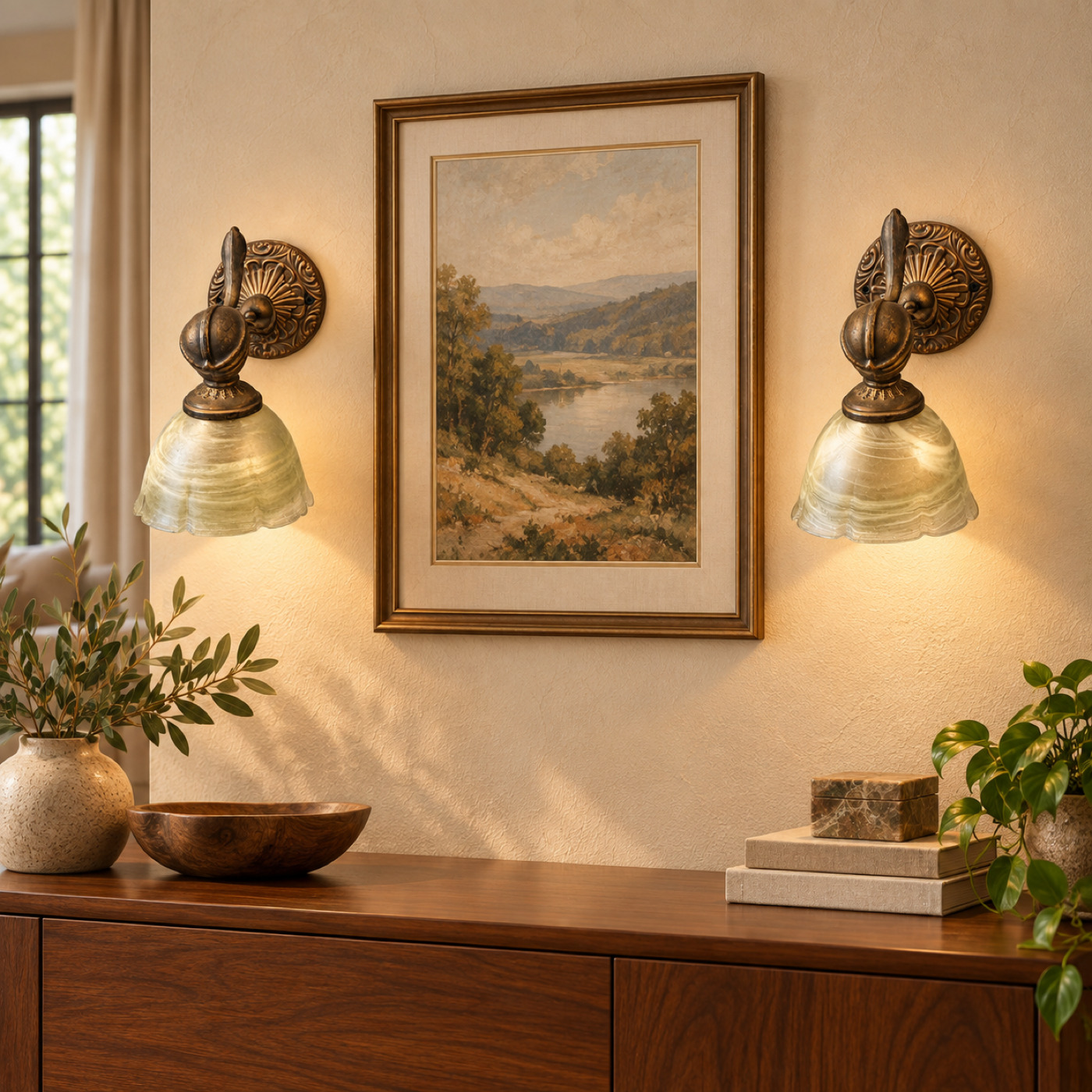 זוג מנורות קיר בגוון ברונזה עם פלטות קיר עגולות מעוטרות ואהילי זכוכית קפואה בגוון ירקרק-לבן עם שוליים מסולסלים — K69