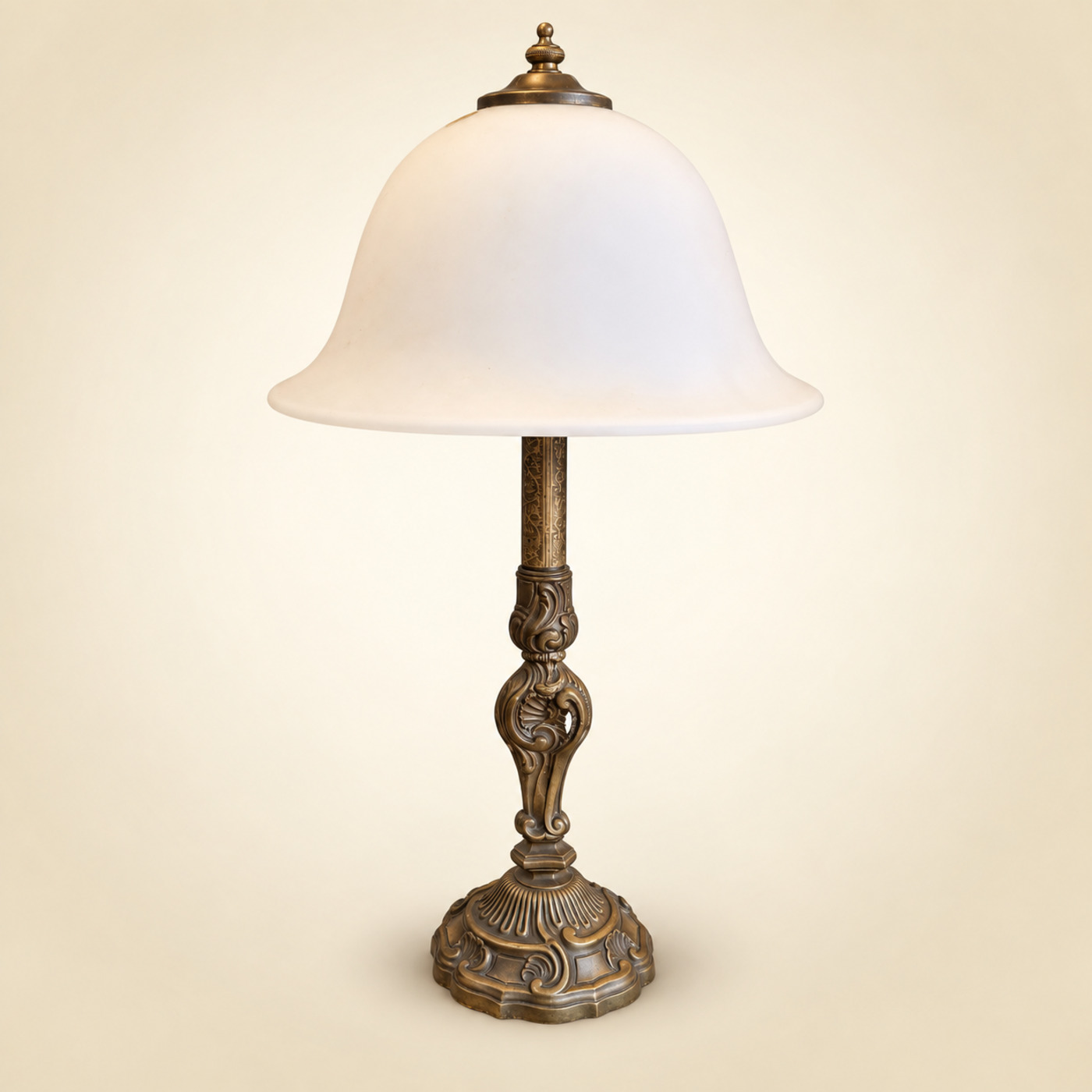Table Lamp with White Frosted Glass Bell Shade on an Ornate Rococo Cast-Brass Stem and Base — S100 — Angle 1
