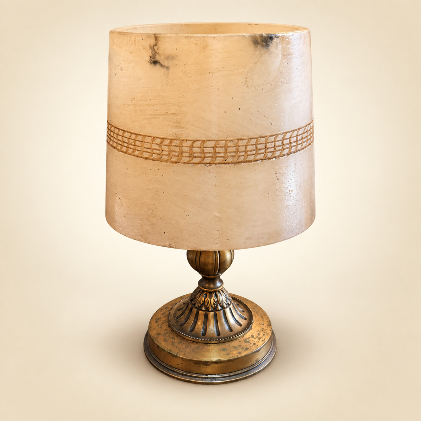 Table Lamp with Cream Alabaster-Look Cylindrical Shade with Decorative Band, on an Ornate Round Brass Stem and Base — S103 — Angle 1