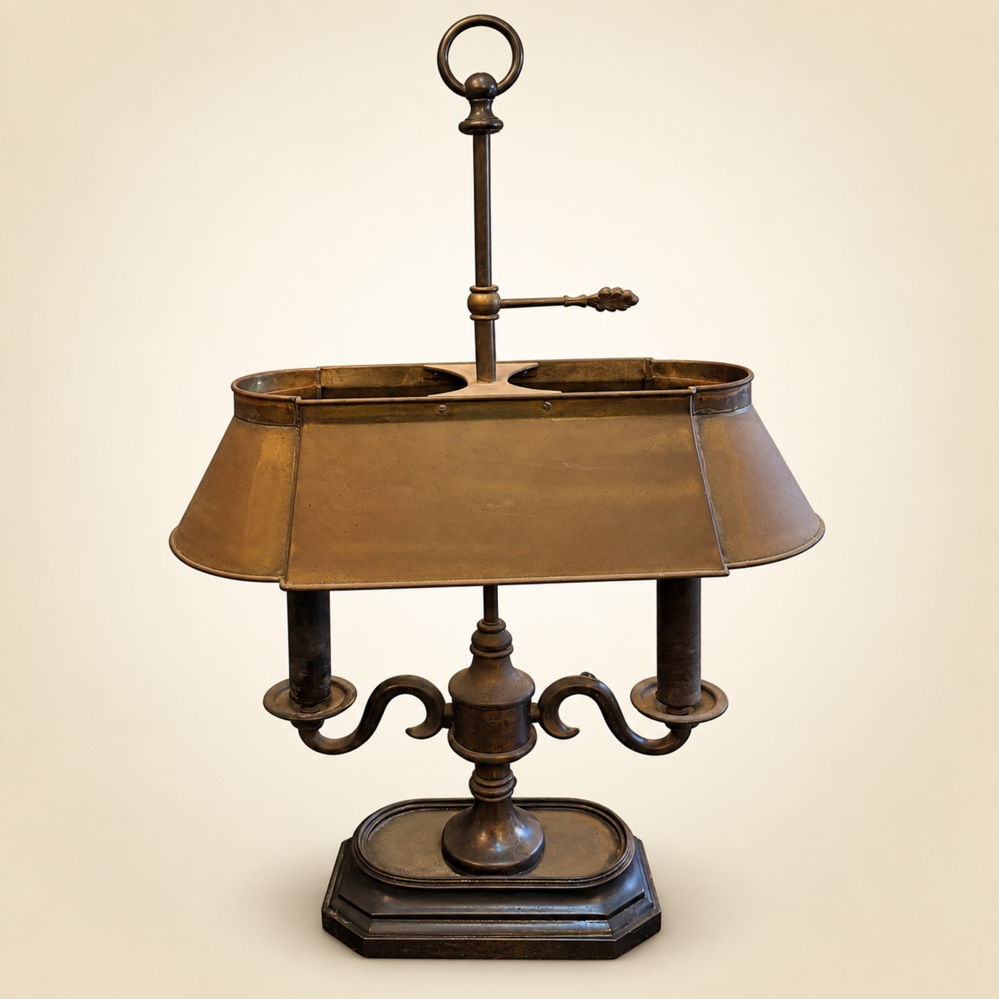 Bouillotte-Style Two-Light Desk Lamp with Adjustable Brass Shade, Ring Handle and Dark Oval Base — S111 — Angle 1