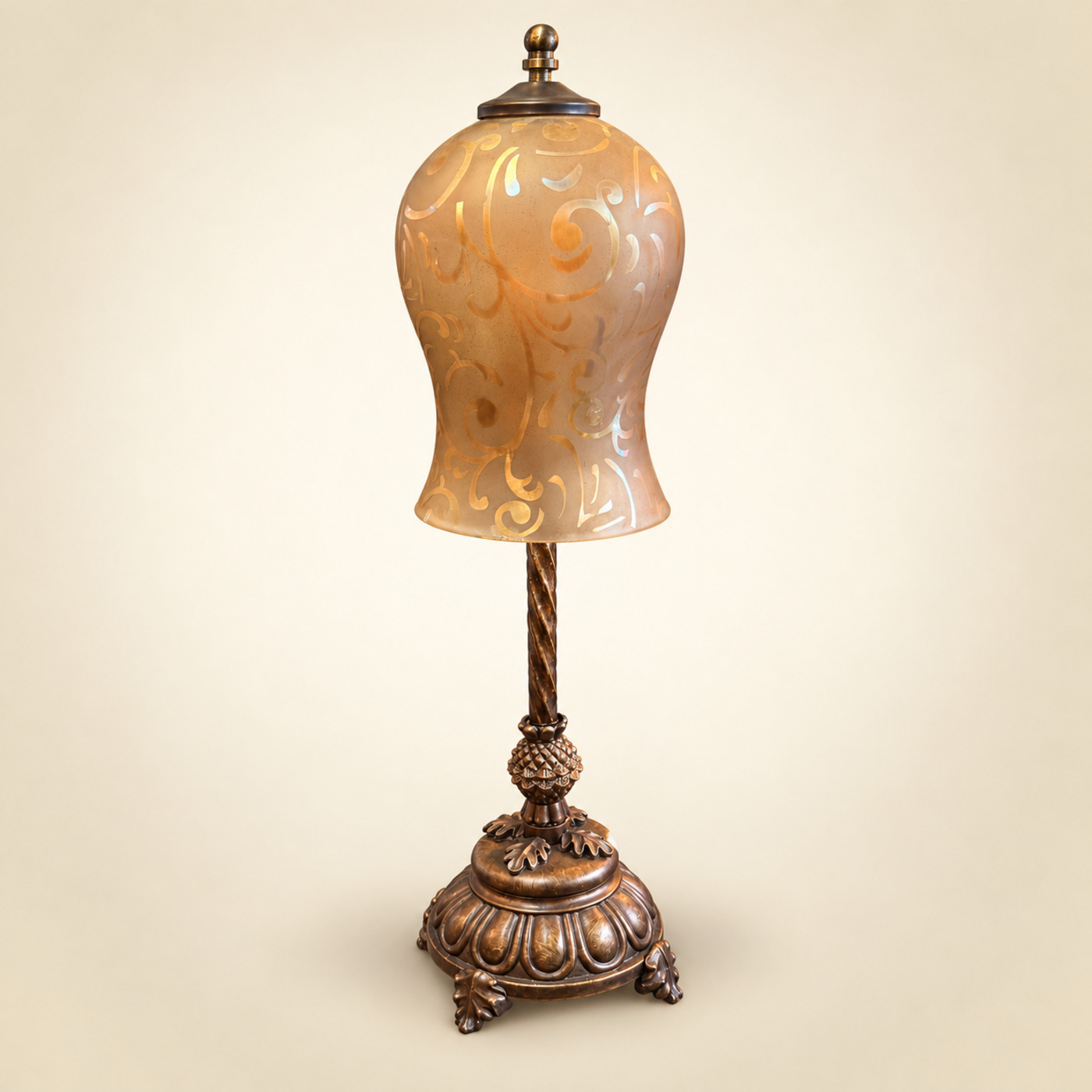 Table Lamp with Amber Frosted Glass Baluster Shade in a Gold Swirl Pattern, Twisted Stem and Ornate Cast Bronze Base on Leaf Feet — S115 — Angle 1