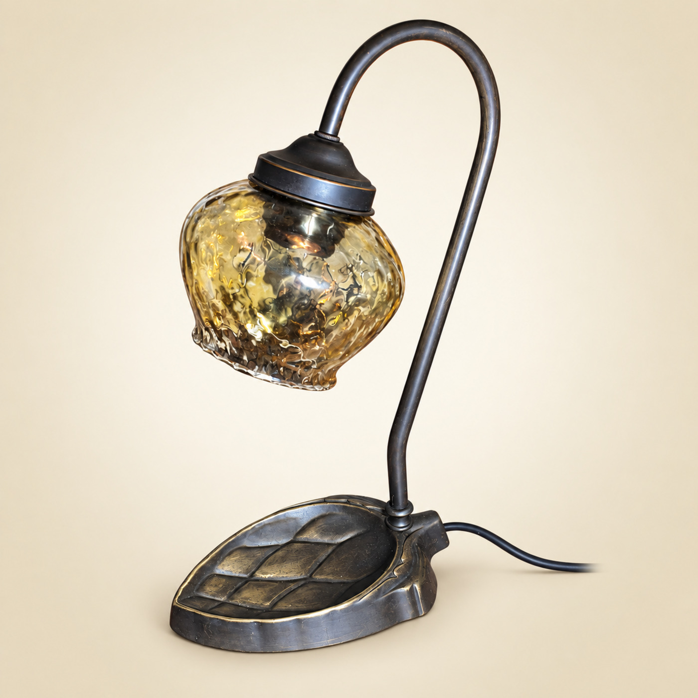 Bronze Table Lamp with Curved Gooseneck Arm, Textured Amber Glass Globe and Leaf-Shaped Base — S48 — Angle 2