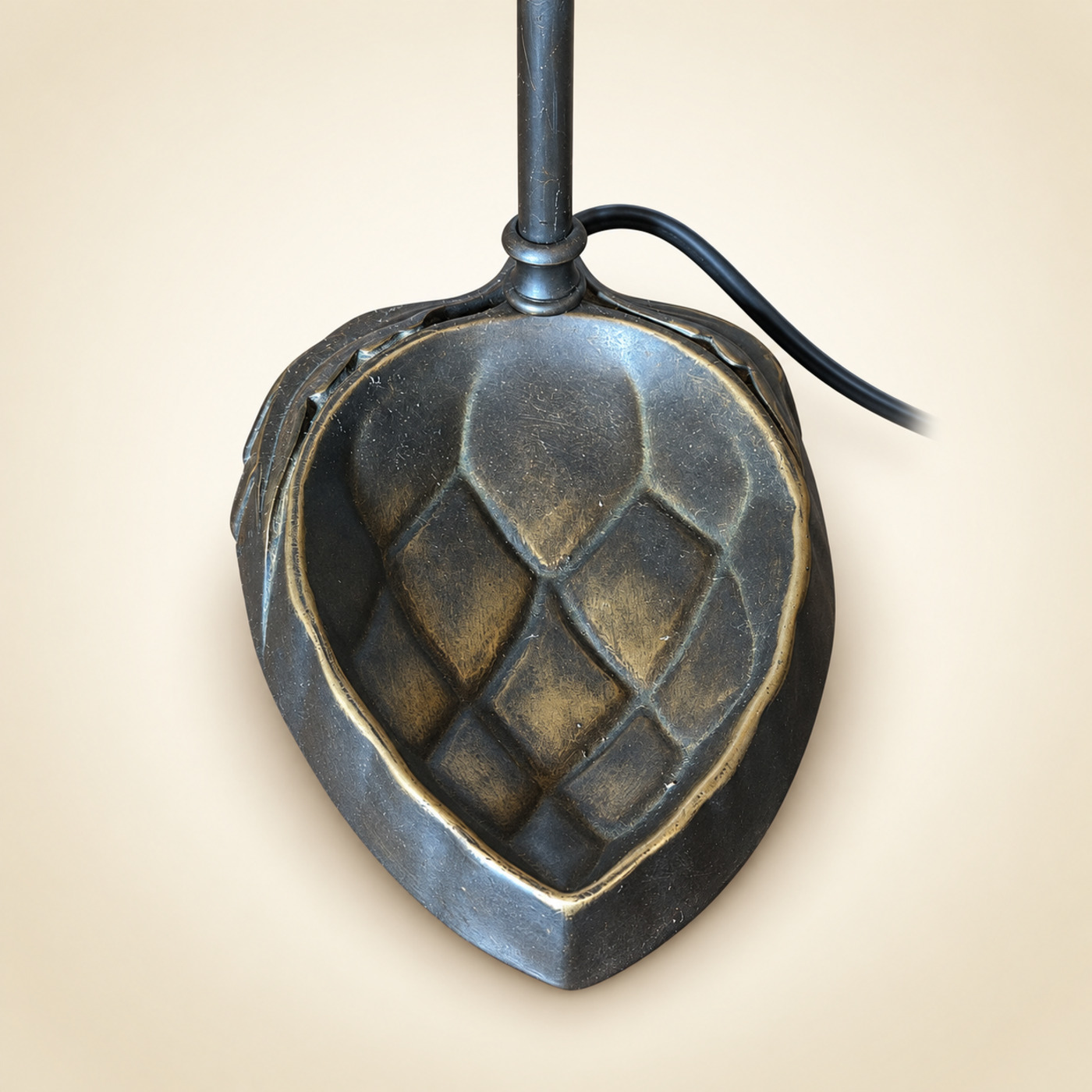 Bronze Table Lamp with Curved Gooseneck Arm, Textured Amber Glass Globe and Leaf-Shaped Base — S48 — Angle 3