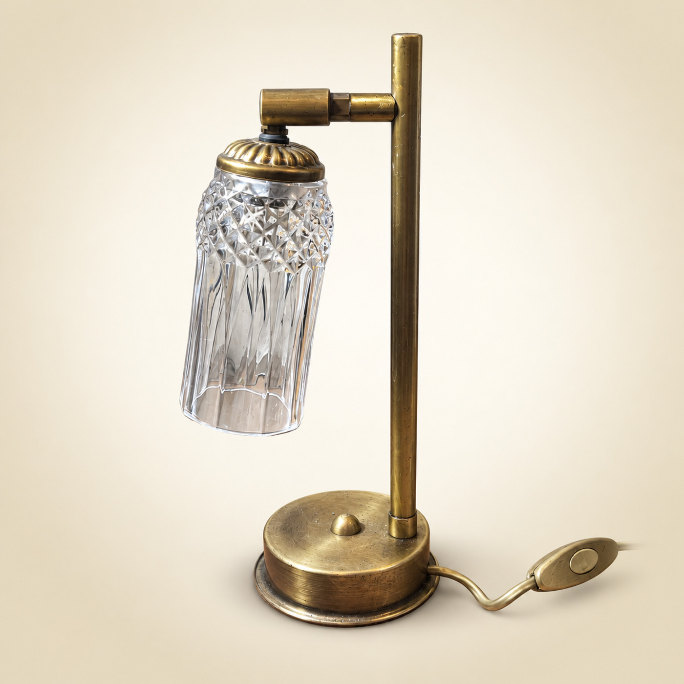 Adjustable Brass Table Lamp with Cylindrical Cut-Glass Shade and Inline Cord Switch — S55 — Angle 1