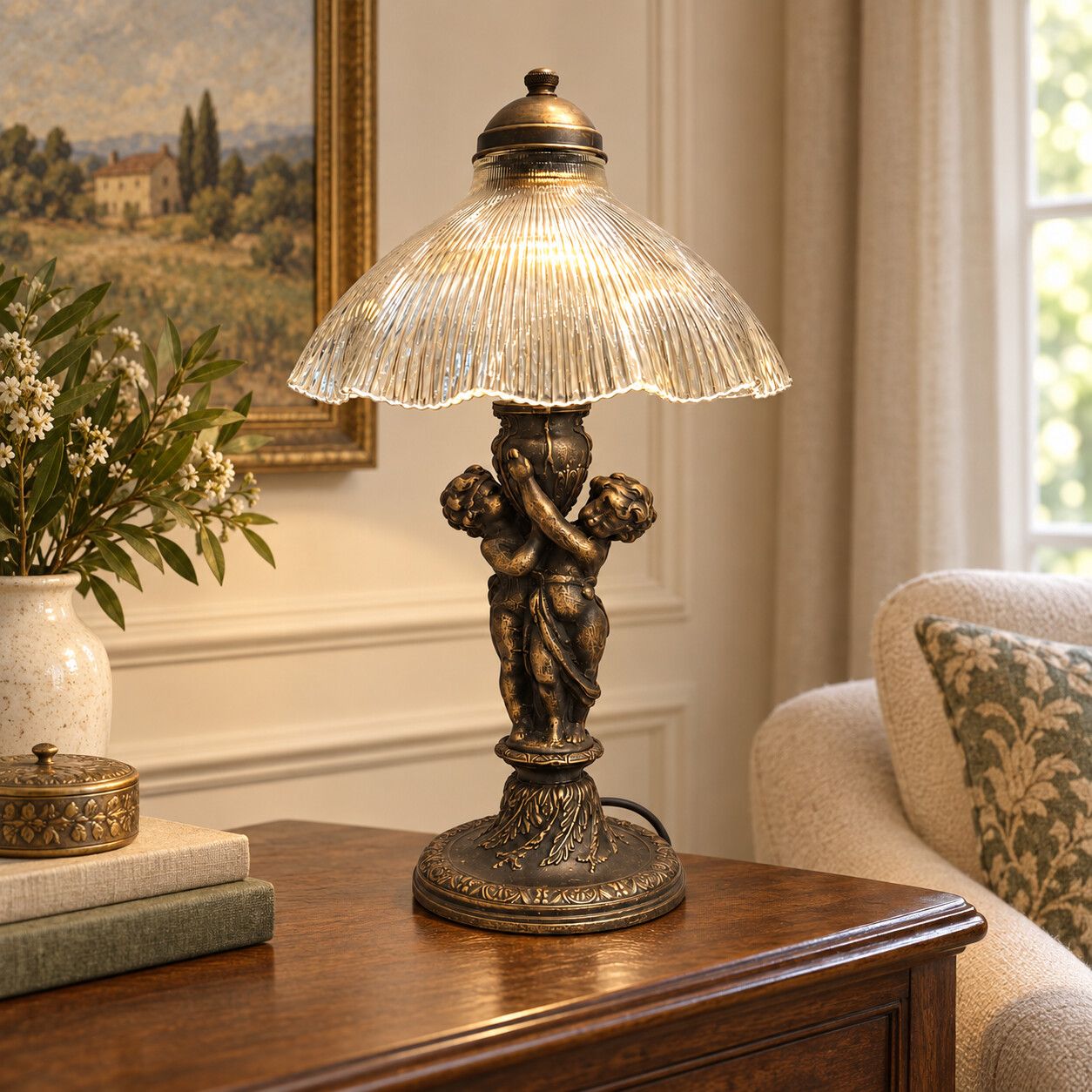 Bronze Table Lamp Depicting Two Cherubs Carrying a Vase, with Fluted Clear Glass Shade — S75