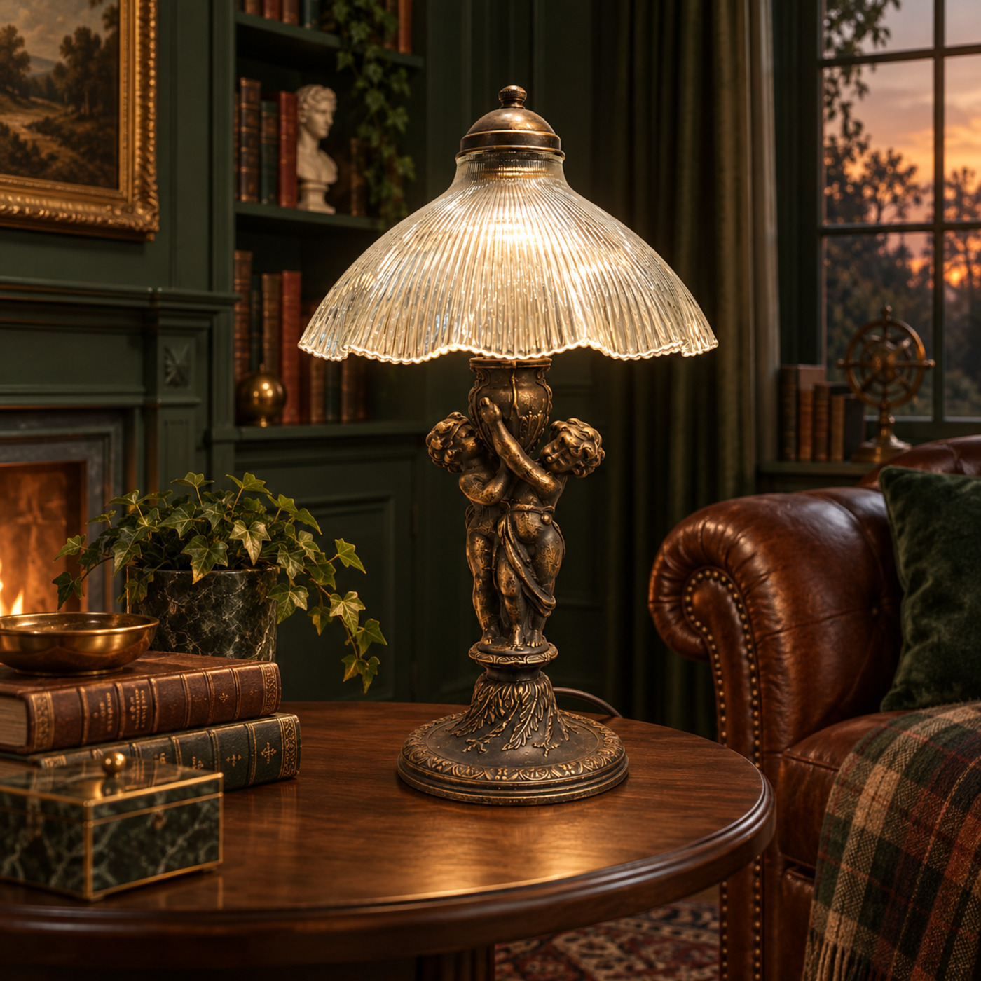Bronze Table Lamp Depicting Two Cherubs Carrying a Vase, with Fluted Clear Glass Shade — S75