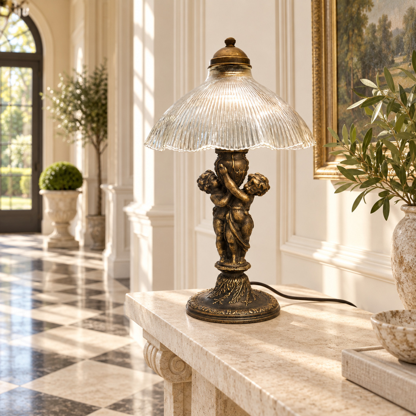 Bronze Table Lamp Depicting Two Cherubs Carrying a Vase, with Fluted Clear Glass Shade — S75