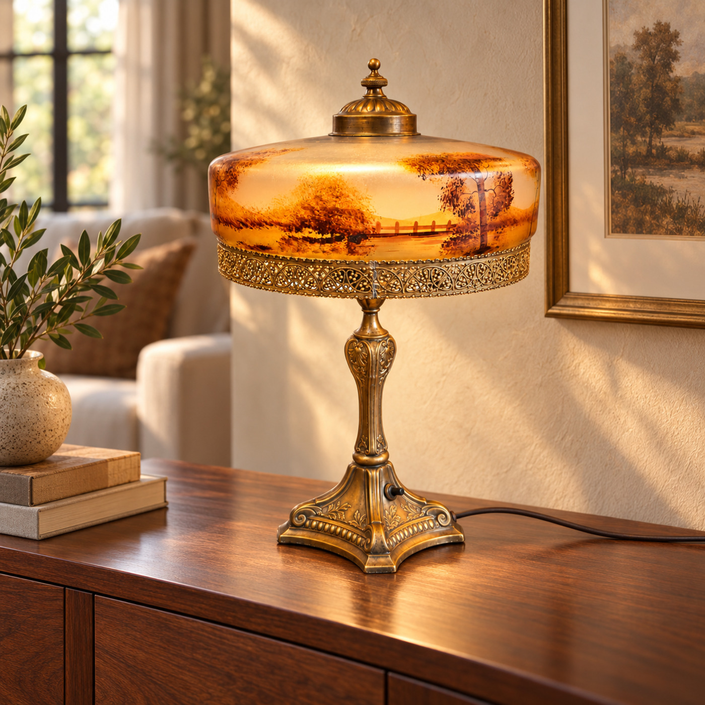 Table Lamp with Frosted Glass Drum Shade Painted with a Landscape of Trees and Water, Pierced Brass Gallery and Ornate Cast Brass Base — S98