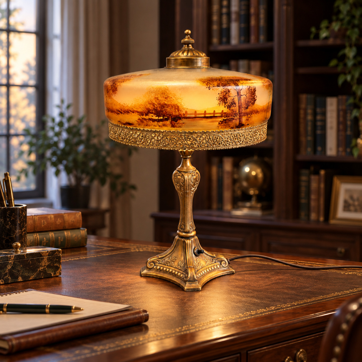 Table Lamp with Frosted Glass Drum Shade Painted with a Landscape of Trees and Water, Pierced Brass Gallery and Ornate Cast Brass Base — S98