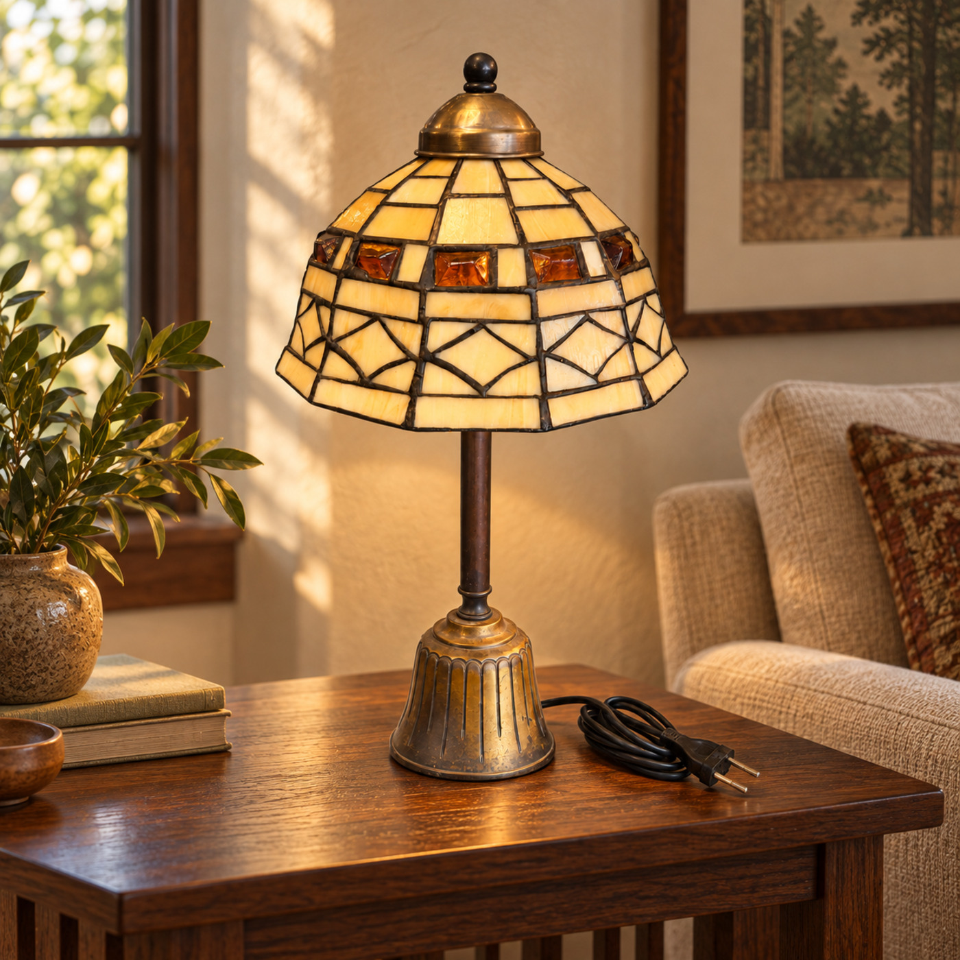 Tiffany-Style Table Lamp with Cream Stained-Glass Shade Set with Amber Jewels and Bell-Shaped Brass Base — S99