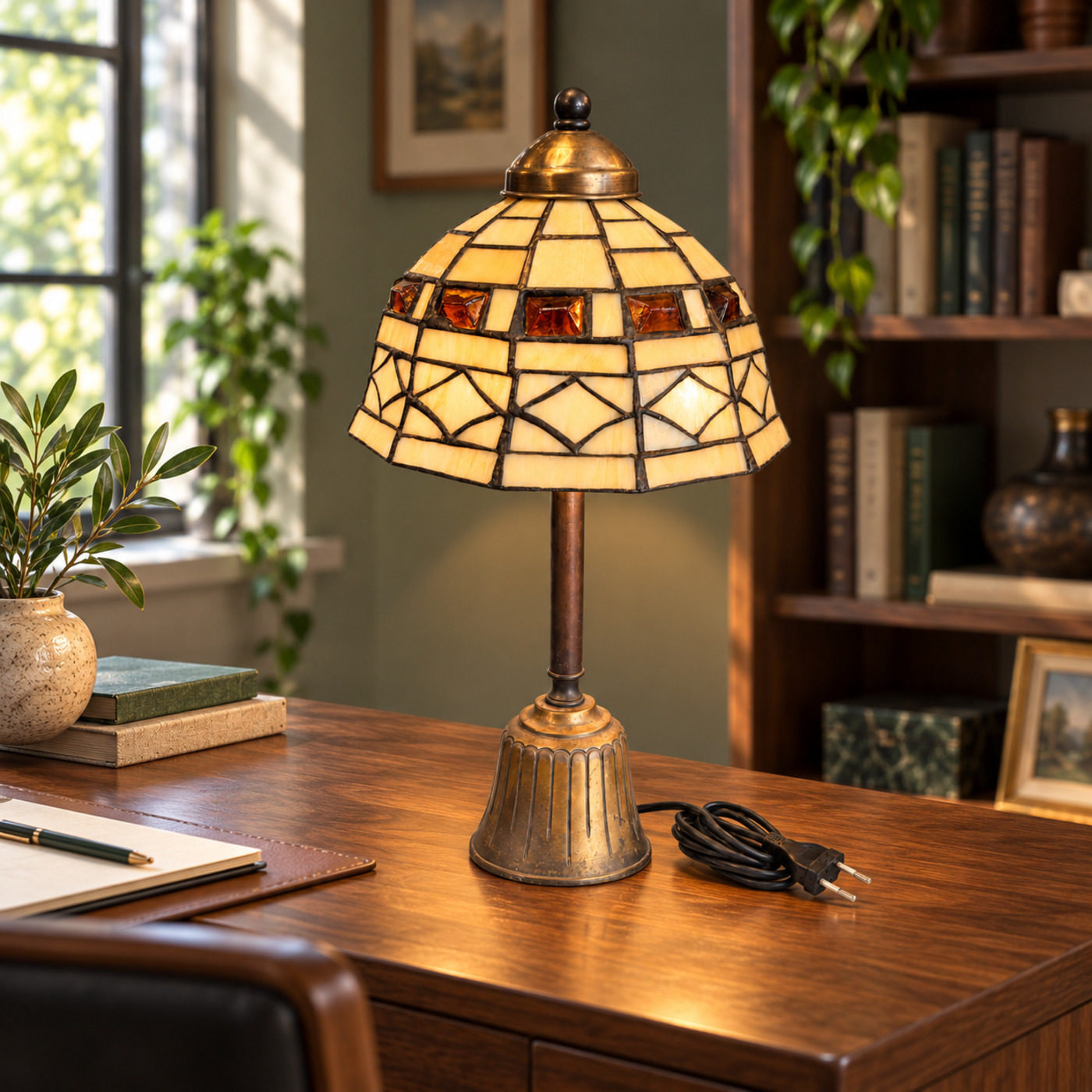 Tiffany-Style Table Lamp with Cream Stained-Glass Shade Set with Amber Jewels and Bell-Shaped Brass Base — S99