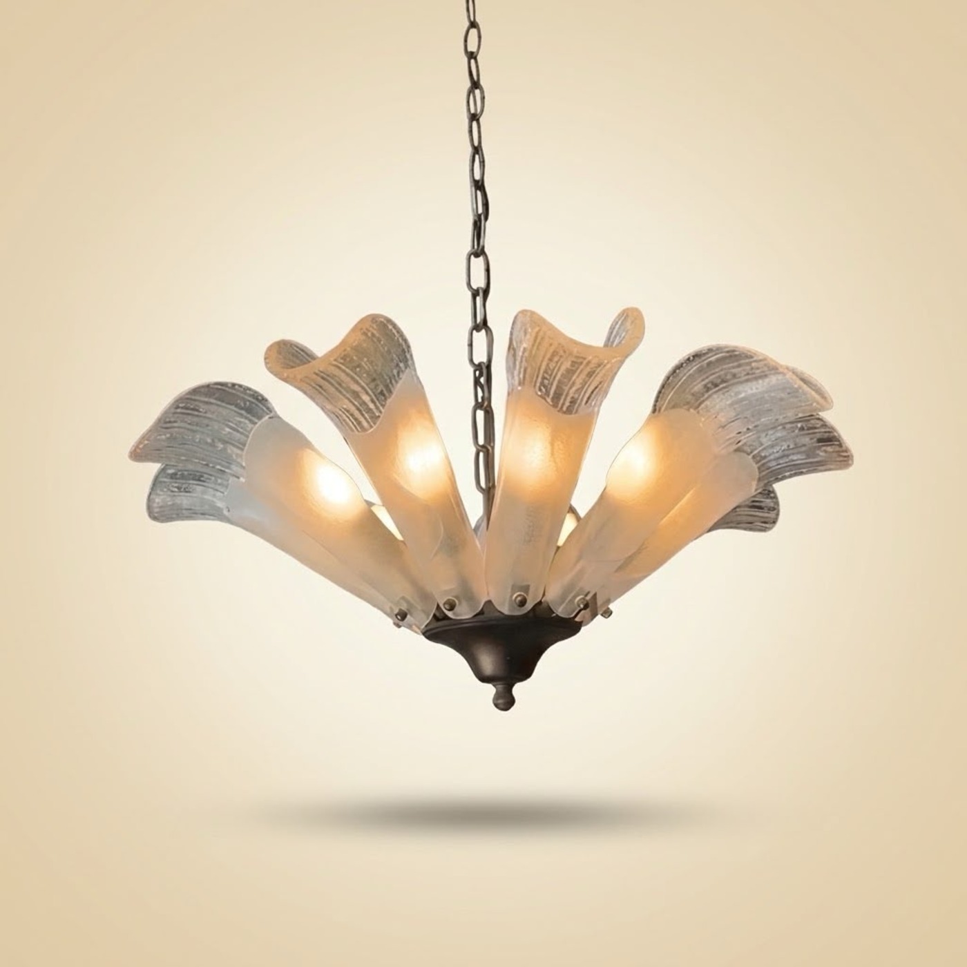 Pendant Chandelier with Fan-Shaped Textured Glass Shades — H16 — Angle 1