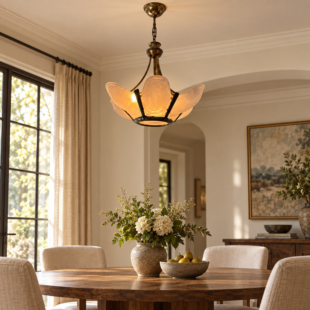 French Art Deco-Style Pendant Chandelier, Brass Body with 6-Panel Milk Glass Shade — H17