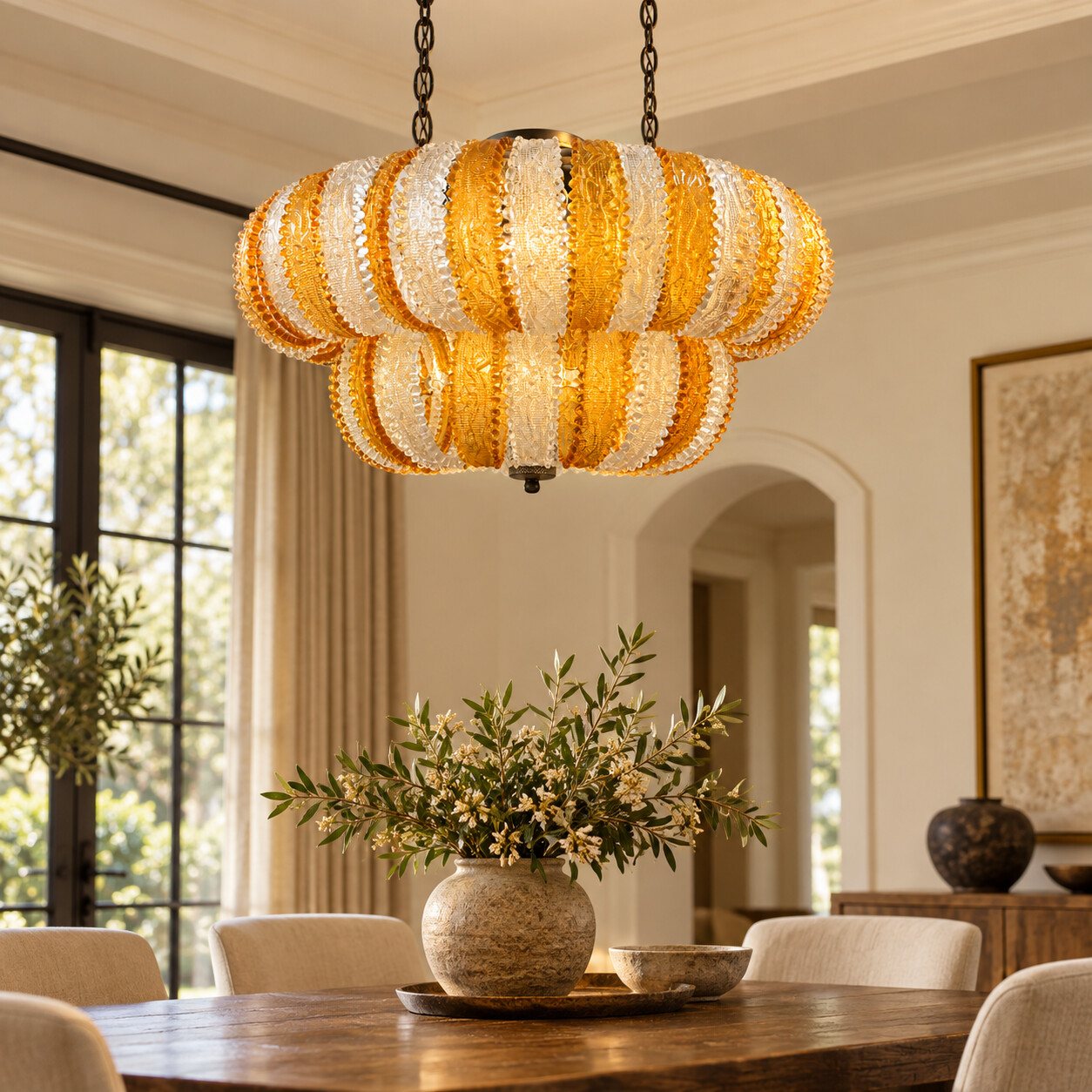 Round Murano-Style Glass Chandelier in Amber and Clear Ribbon-Pattern Panels — H20