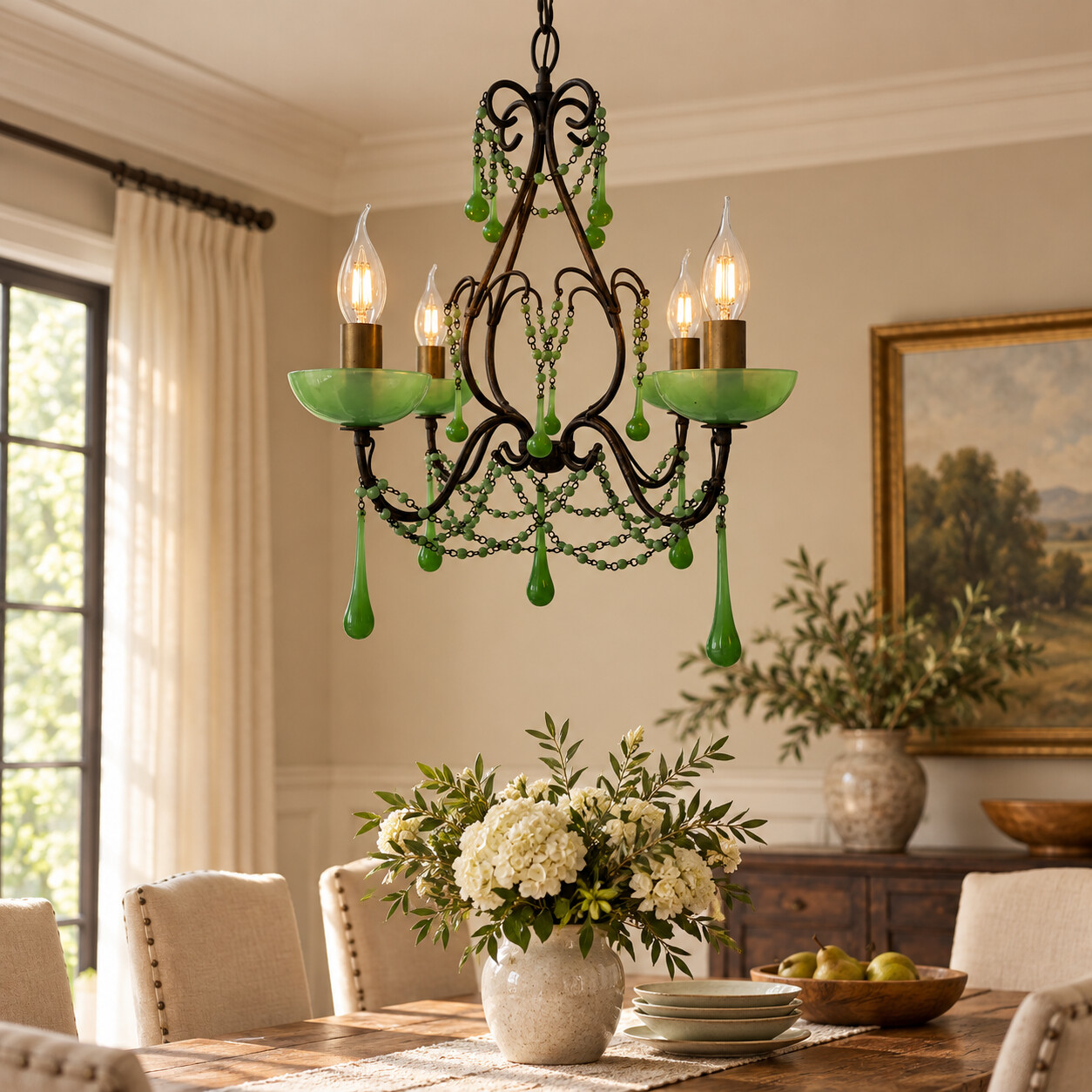 Four-Arm Wrought-Iron Pendant Chandelier with Green Opaline Crystal Shades and Hanging Green Glass Drops — H29