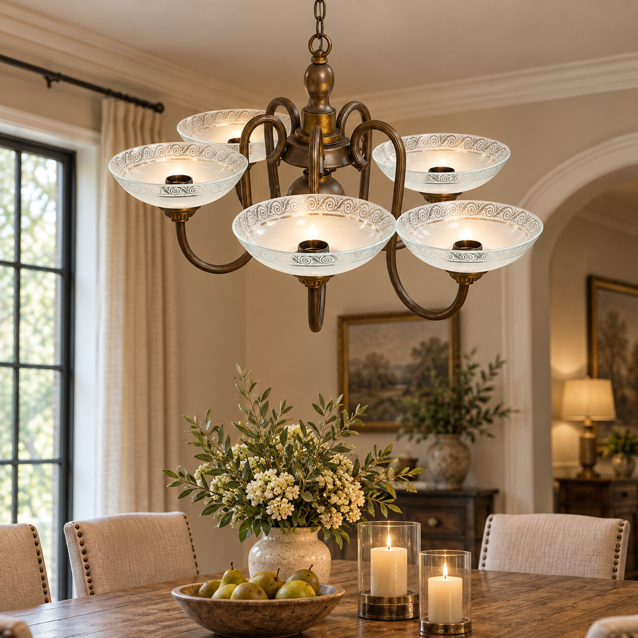 Five-Arm Brass Pendant Chandelier with Silver-Patterned Etched Glass Saucer Shades — H34