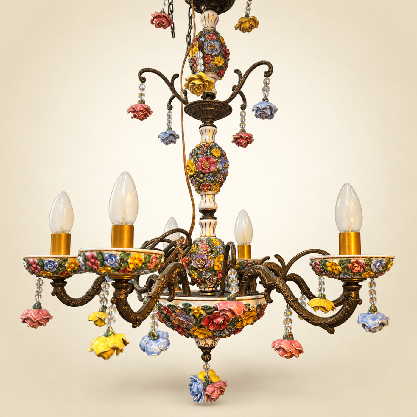 Large Dark Bronze Chandelier with Scrolled Arms, Porcelain Column and Bowl Encrusted with Colorful Flowers, and Hanging Porcelain Flower Drops — H41 — Angle 1