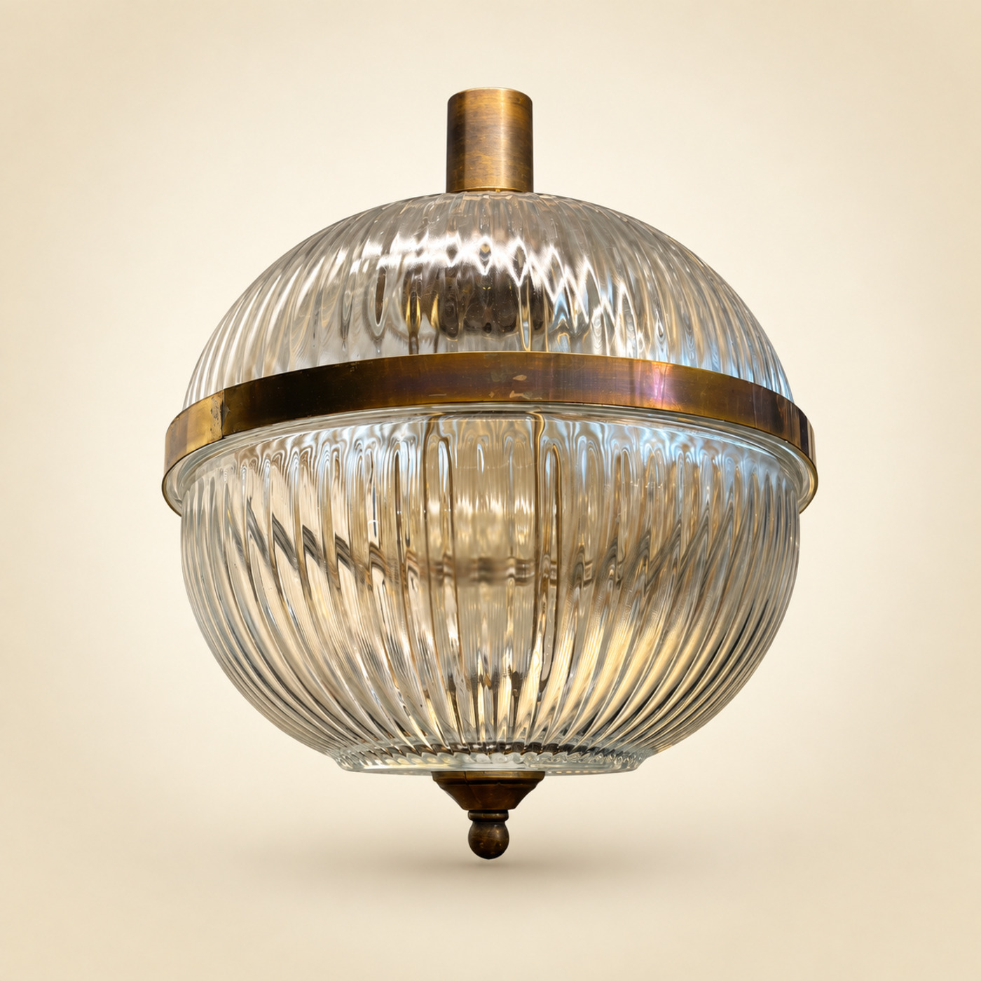 Clear Ribbed Glass Globe Pendant Lamp with Central Brass Band, Brass Neck and Brass Finial — H50 — Angle 1