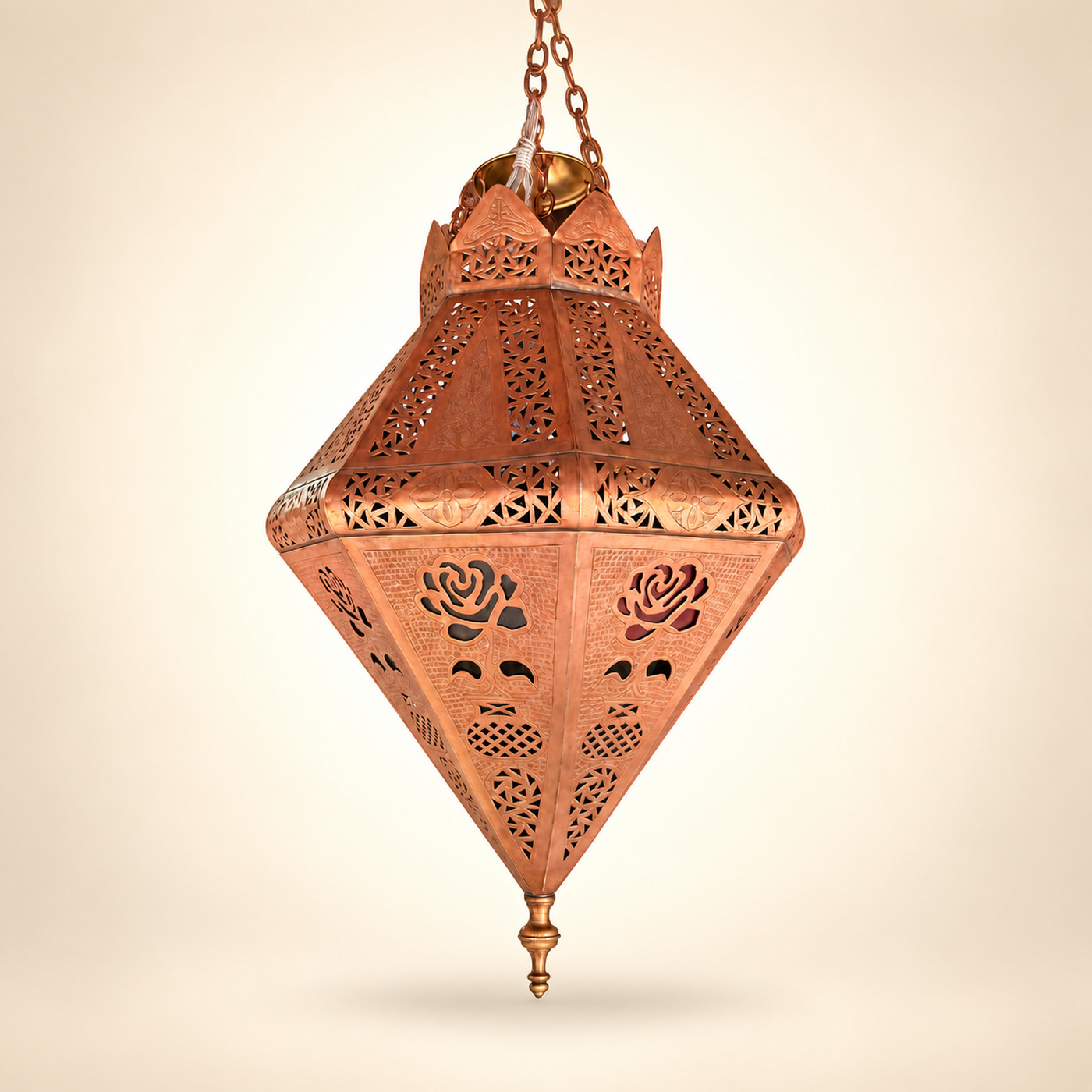Diamond-Shaped Pierced Copper Lantern Pendant with Lattice Work, Rose Cut-Outs, Brass Finial and Hanging Chain — H66 — Angle 1
