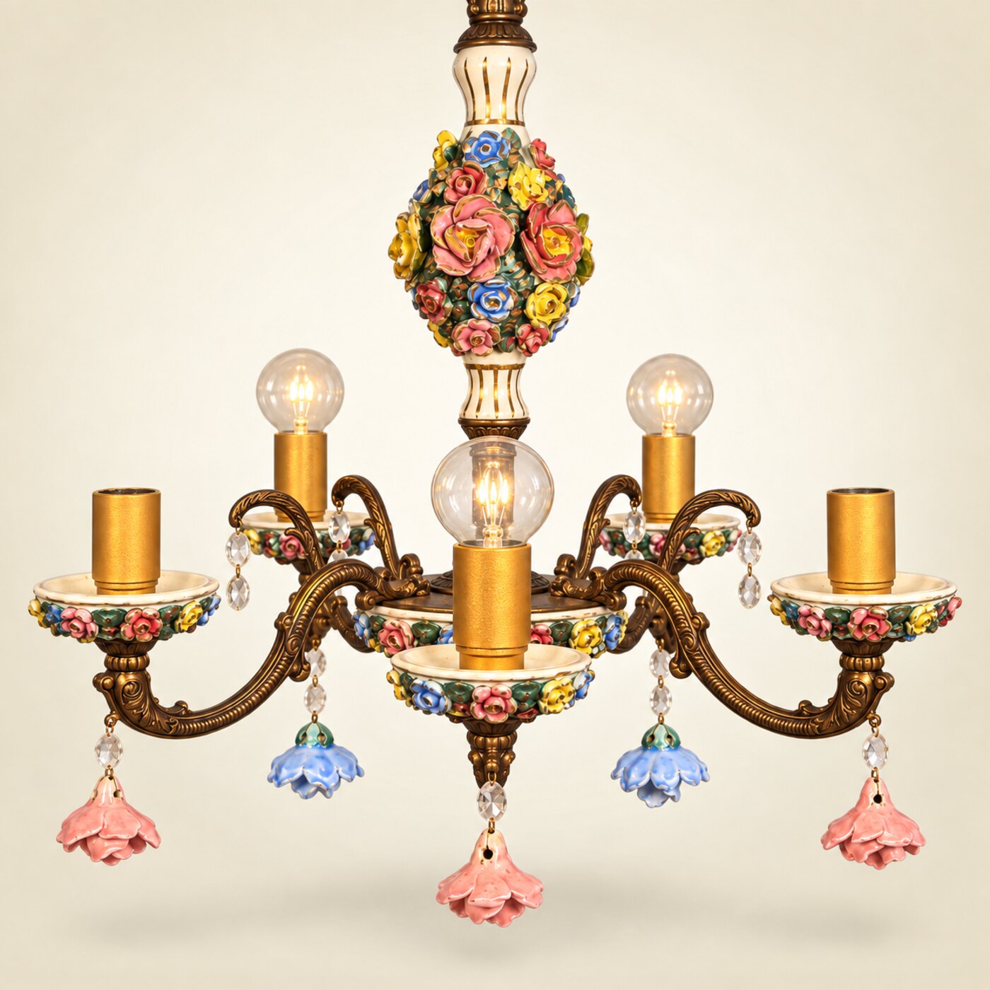 Five-Arm Bronze Chandelier with Capodimonte-Style Porcelain Column Covered in Coloured Roses, Porcelain Bobeches and Porcelain Flower Drops — H67 — Angle 1