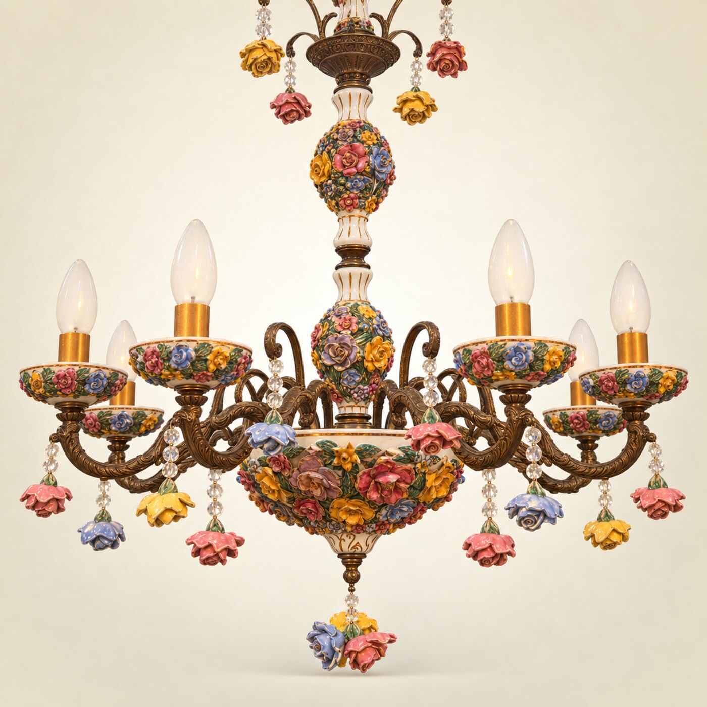 Large Multi-Arm Bronze Capodimonte-Style Chandelier with Coloured Porcelain Flowers, Porcelain Bobeches and Bowl, and Crystal and Flower Drops — H68 — Angle 1