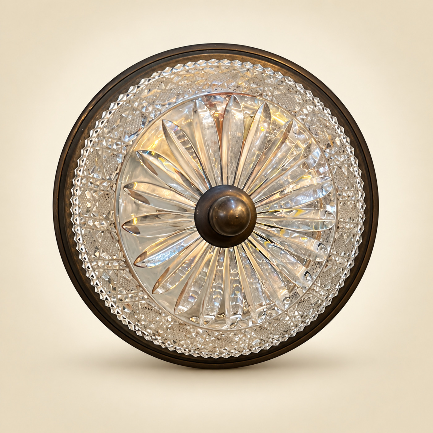 Small Round Flush-Mount Light in Cut Czech Crystal with Fan-Cut Pattern, Darkened Brass Rim and Central Knob — T28 — Angle 1