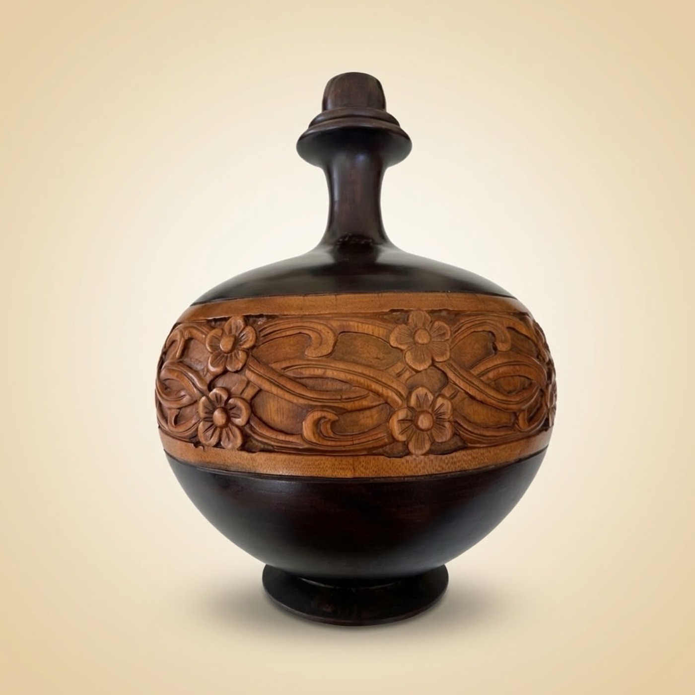 Carved Wood Vessel with Floral-Relief Band — P12 — Angle 1