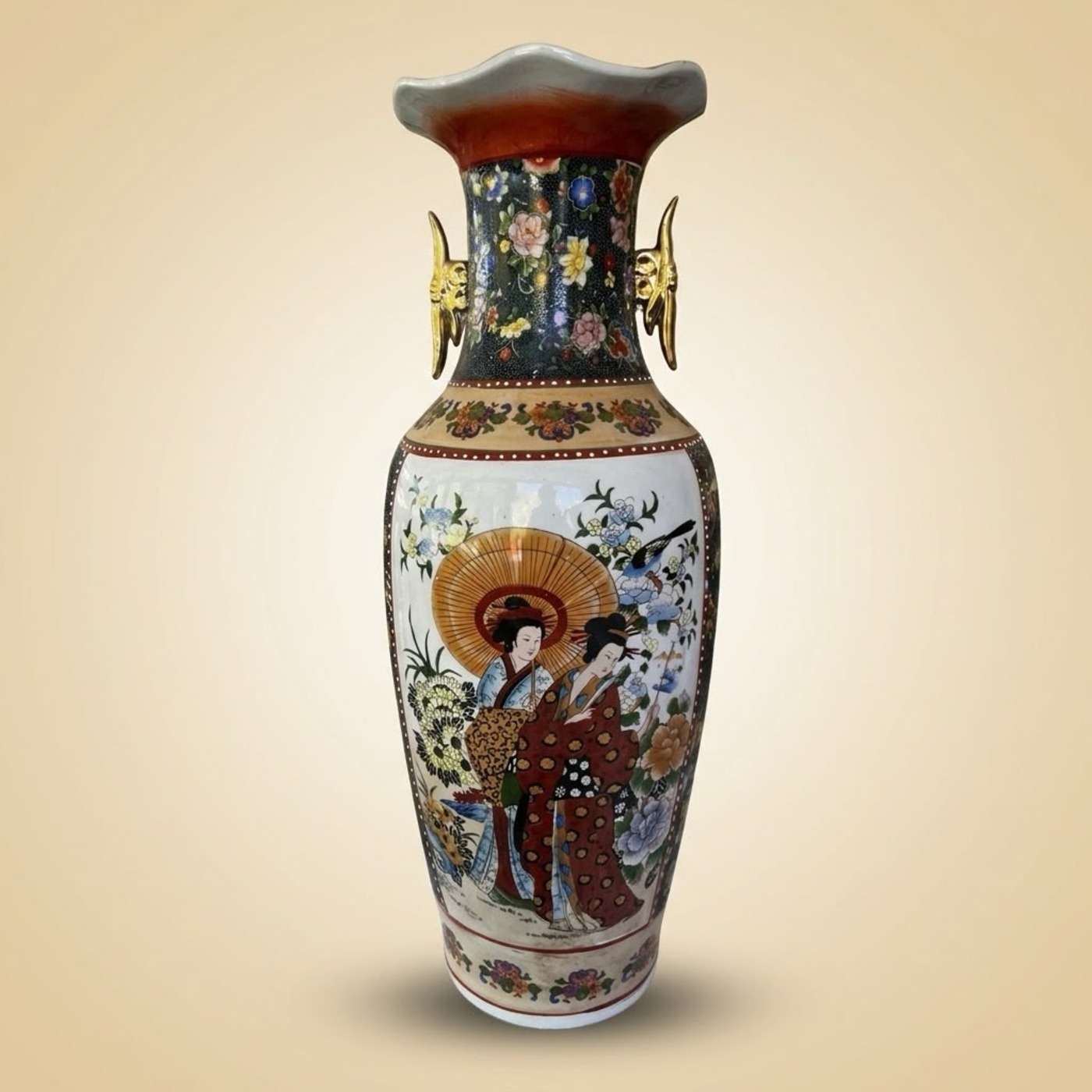 Hand-Painted Japanese Porcelain Vase with Gold Handles — P13 — Angle 1