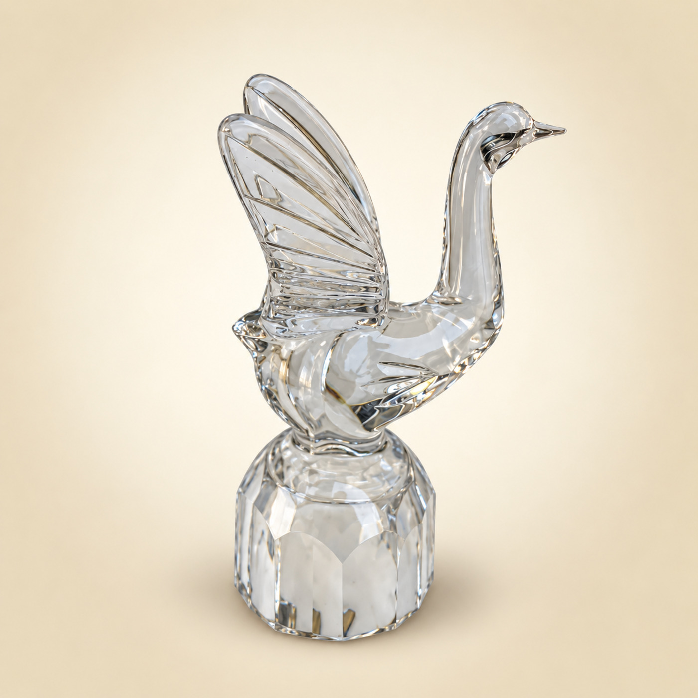 Clear Cut-Glass Swan Figurine with Raised Wings on a Faceted Round Base — P25 — Angle 1