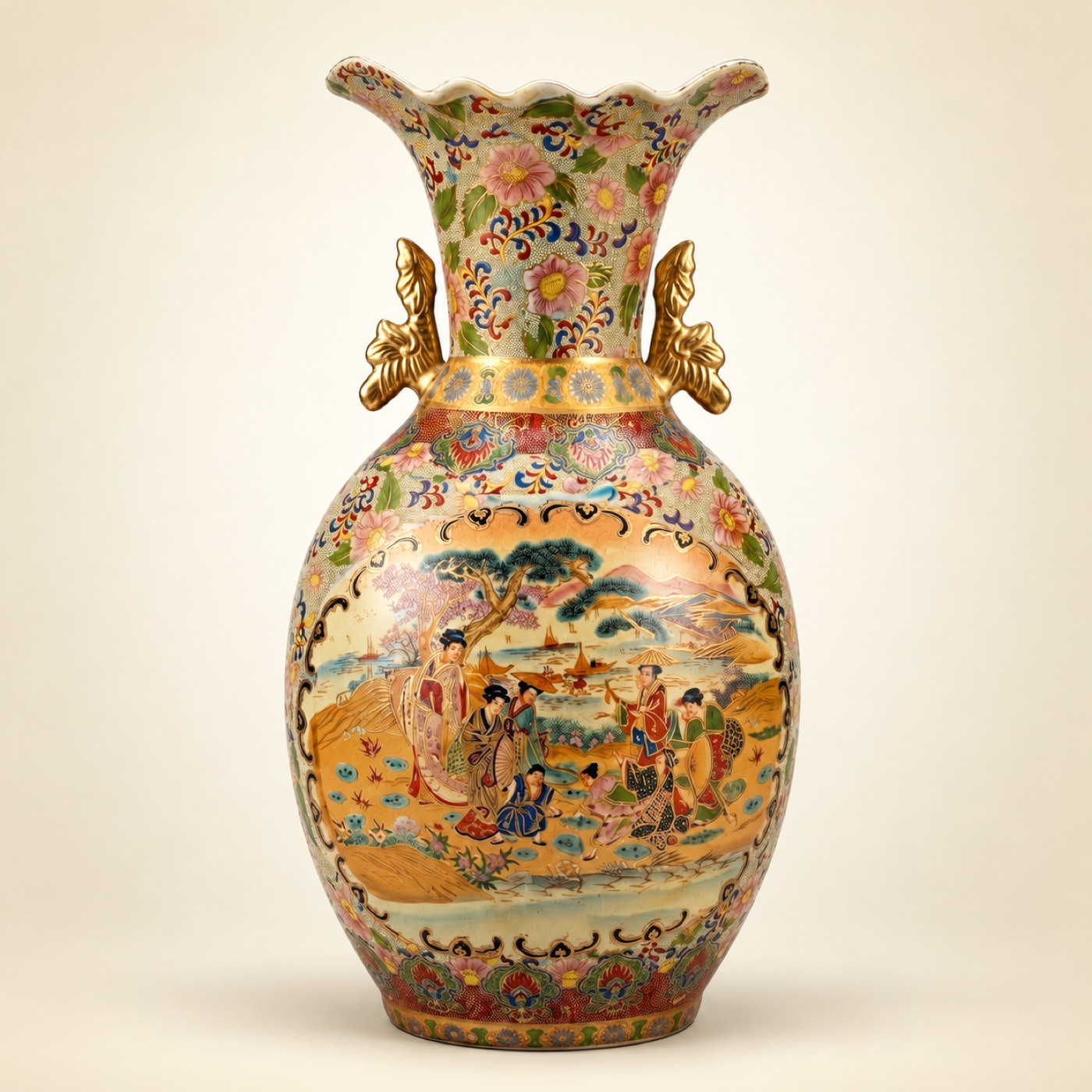 Tall Satsuma-Style Porcelain Vase with Flared Wavy Rim, Two Gilt Handles at the Neck, Dense Multicolour Floral Decoration and a Painted Panel of Figures in a Landscape — P28 — Angle 1