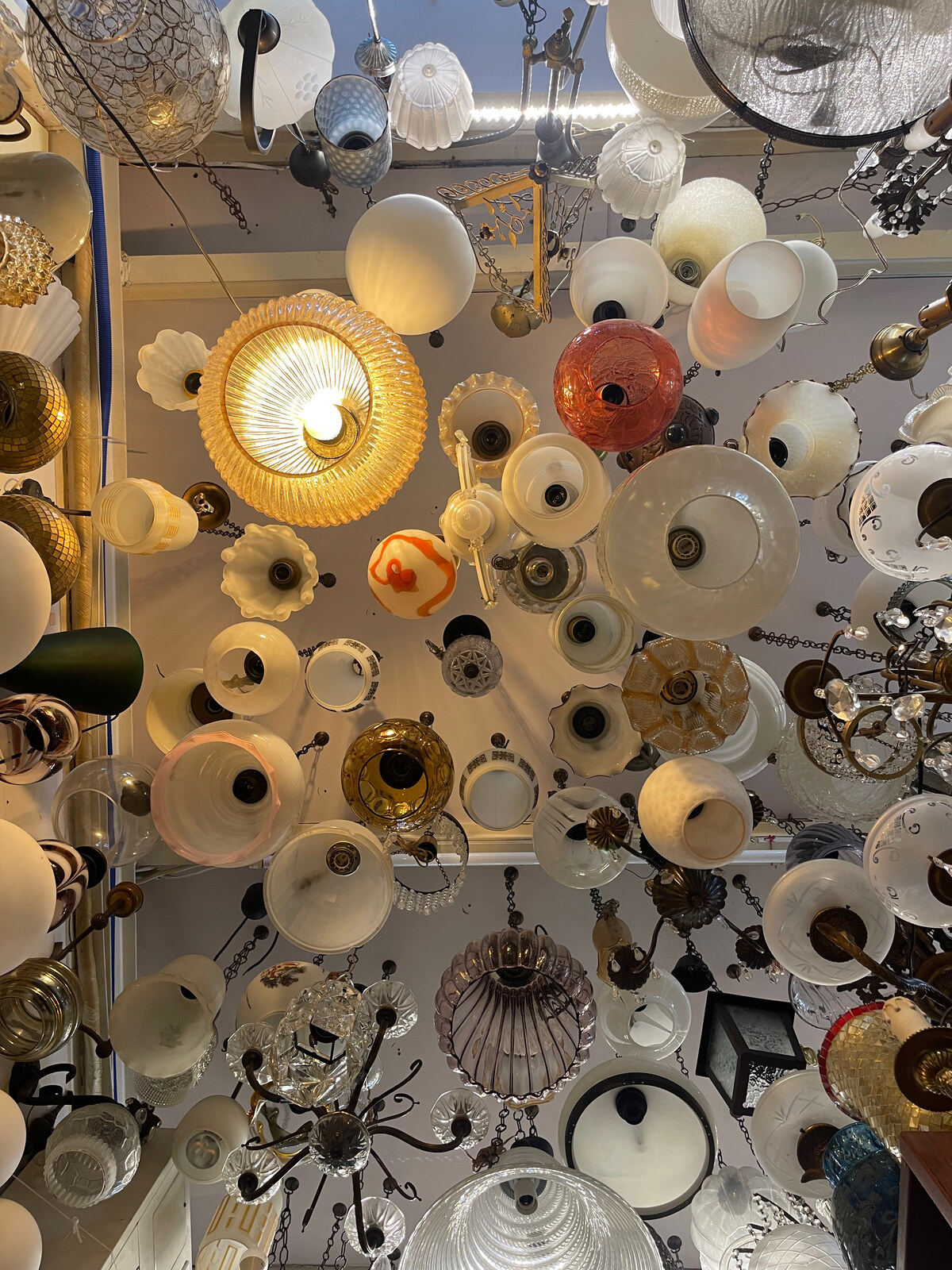 Looking up at the shop ceiling covered with glass shades and light fittings